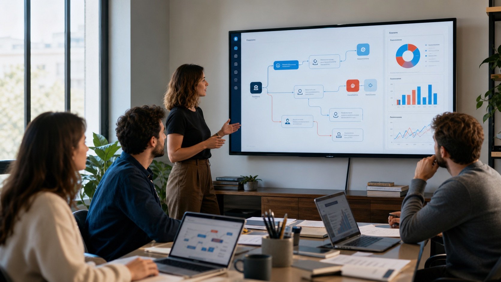 Equipo de marketing usando inteligencia artificial para automatizar procesos, analizar datos y gestionar leads.
